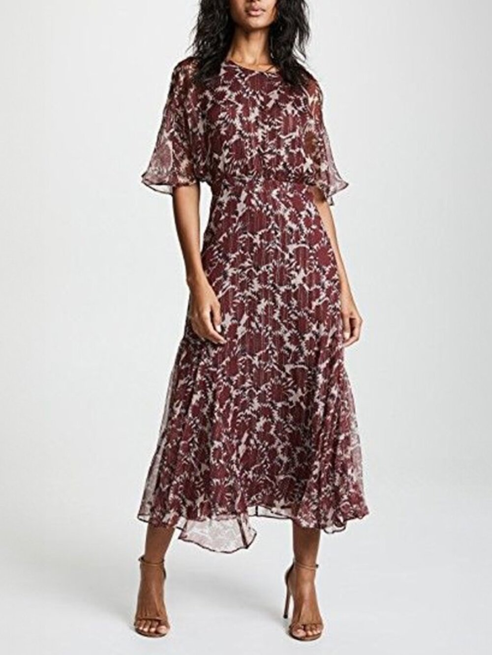 Warm Paradise Red Floral Silk Metallic Midi Dress Size S